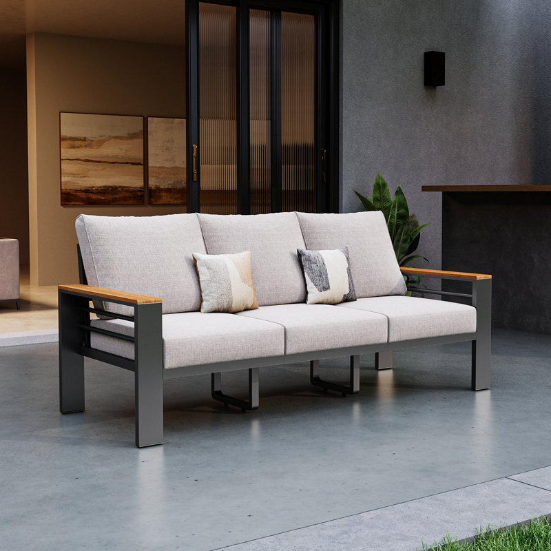 75" Modern Outdoor 3-Person Aluminum Sofa, Beige