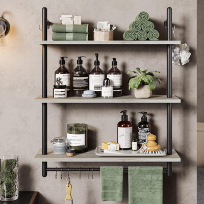 Étagère à tuyaux industrielle à 3 niveaux, étagères à livres flottantes pour le mur, étagères de rangement suspendues avec barre à serviettes pour organisateur de salle de bain