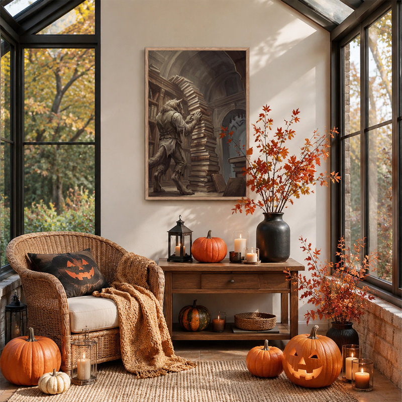 Loup-garou empilant des livres dans une bibliothèque ancienne, art mural d'Halloween, 48"H x 36"W
