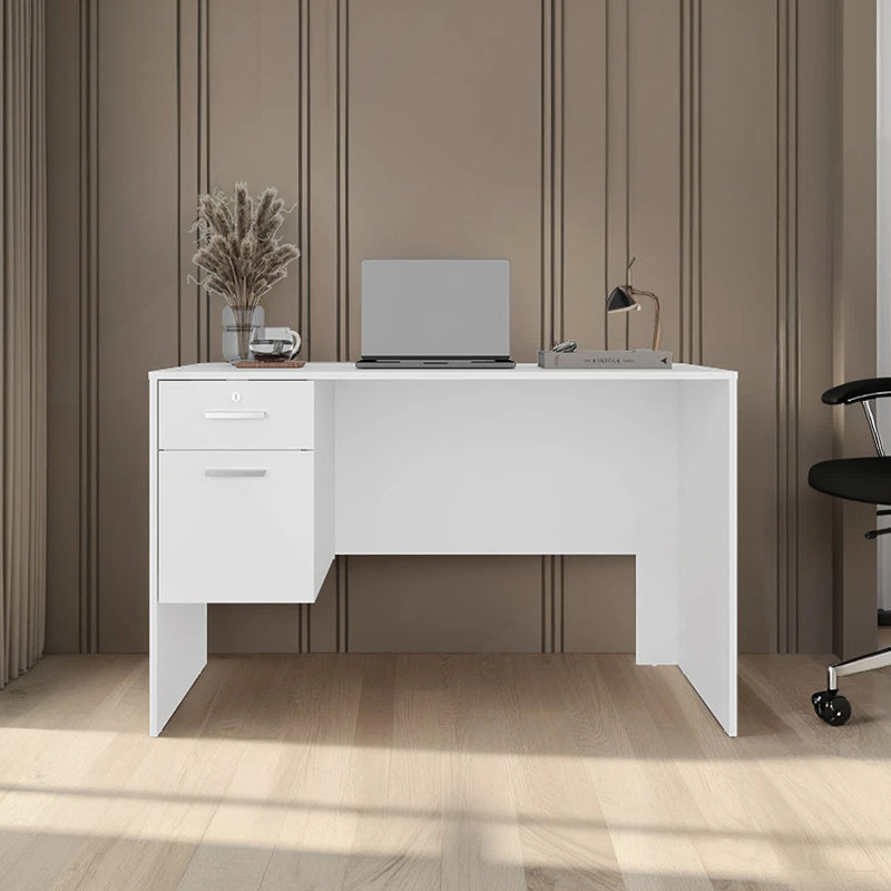 White 2-Drawer Desk with 1 Lockable