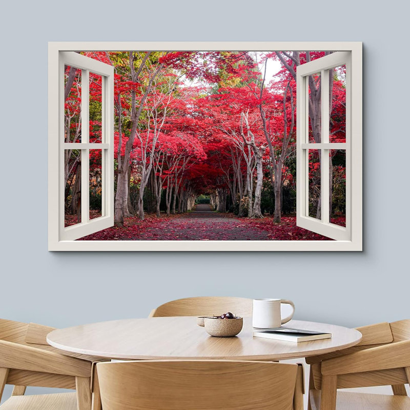 Fenêtre de paysage «Window View Red Autumn Season Tree Forest Tree Path Nature Images Scenic Landscape» sur toile