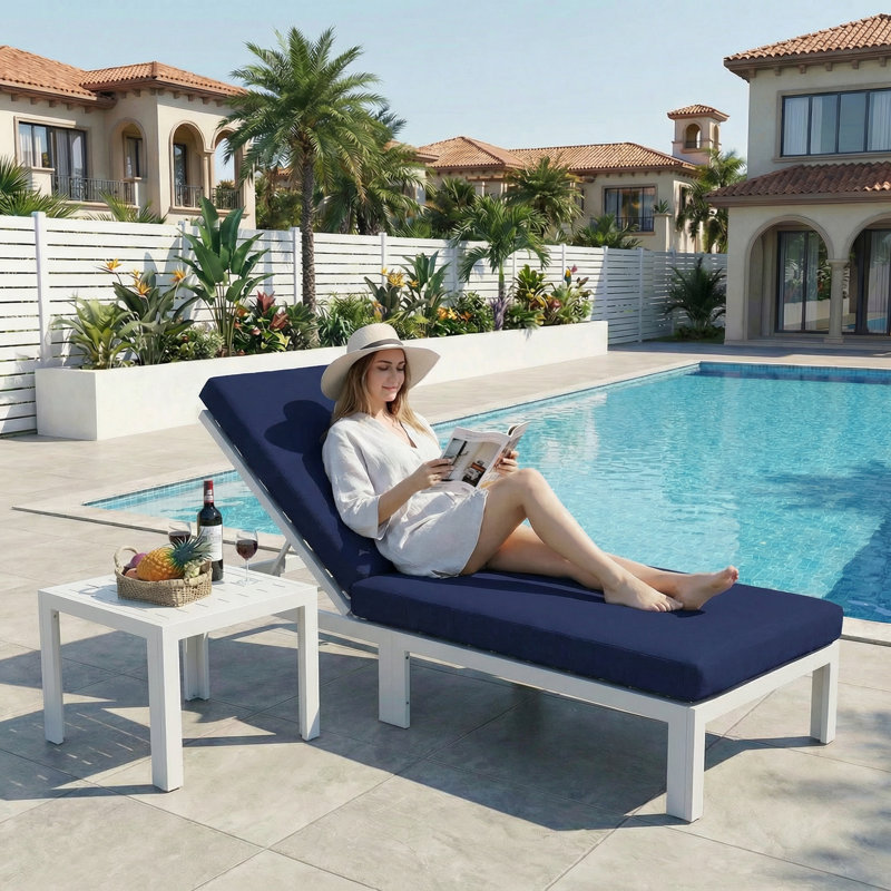 4-piece Outdoor Aluminum Chaise Lounge Set With Adjustable Backrests, Side Tables And Cushions, Navy