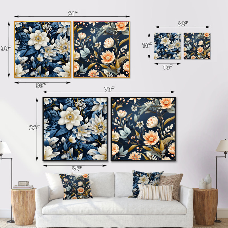 Motif floral blanc et bleu Magnolias, Cadre flottant doré, H 16 po x l 33 po