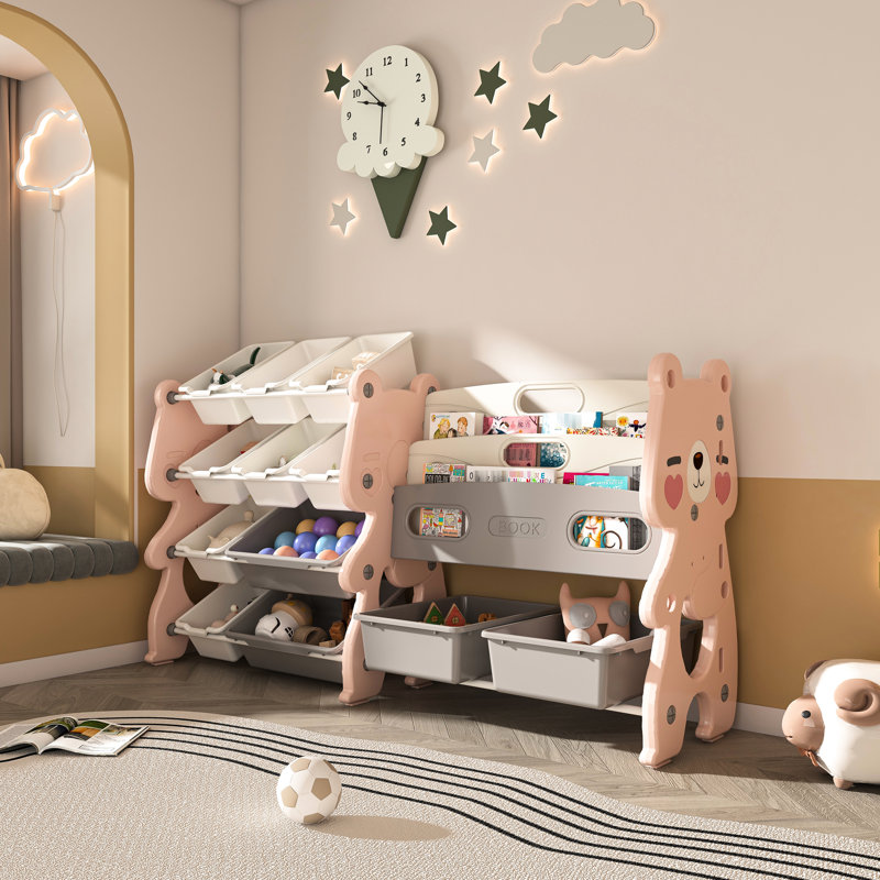 Organisateur rose, bibliothèque à 2 niveaux, 12 bacs pour la chambre à coucher, salle de classe - Rehausser son autonomie, rangement et bacs, bibliothèque autoportante pour la chambre à coucher, conception multifonctionnelle