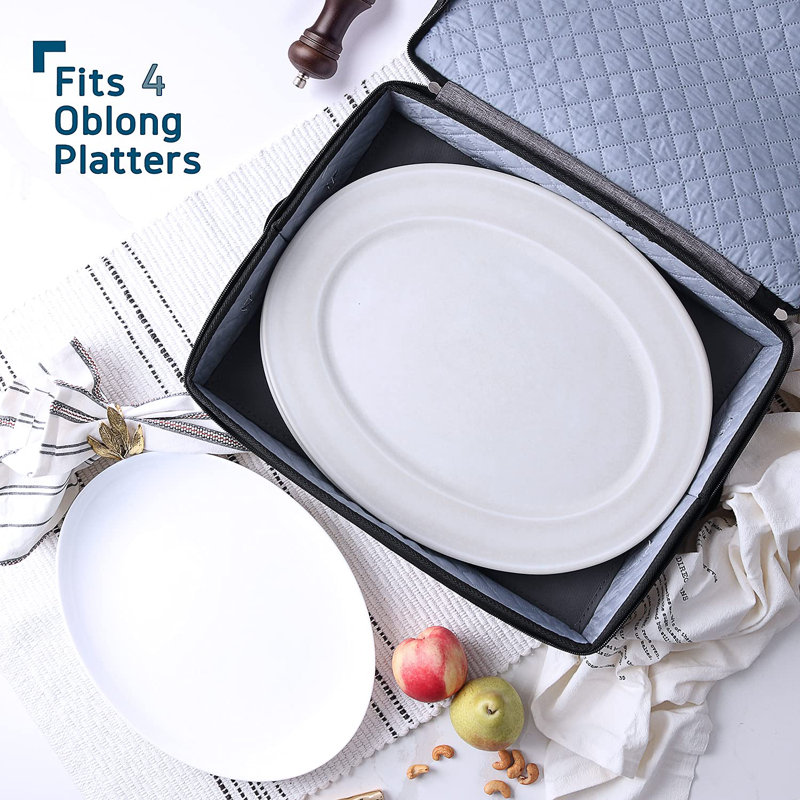 Platter Storage Case – Fine China Storage Containers Hard Shell, Quilted And Stackable 16”X 12.5”X 3.5” Platter Storage Container With Zipper, Handles And Felt Dividers For Moving And Seasonal Storage