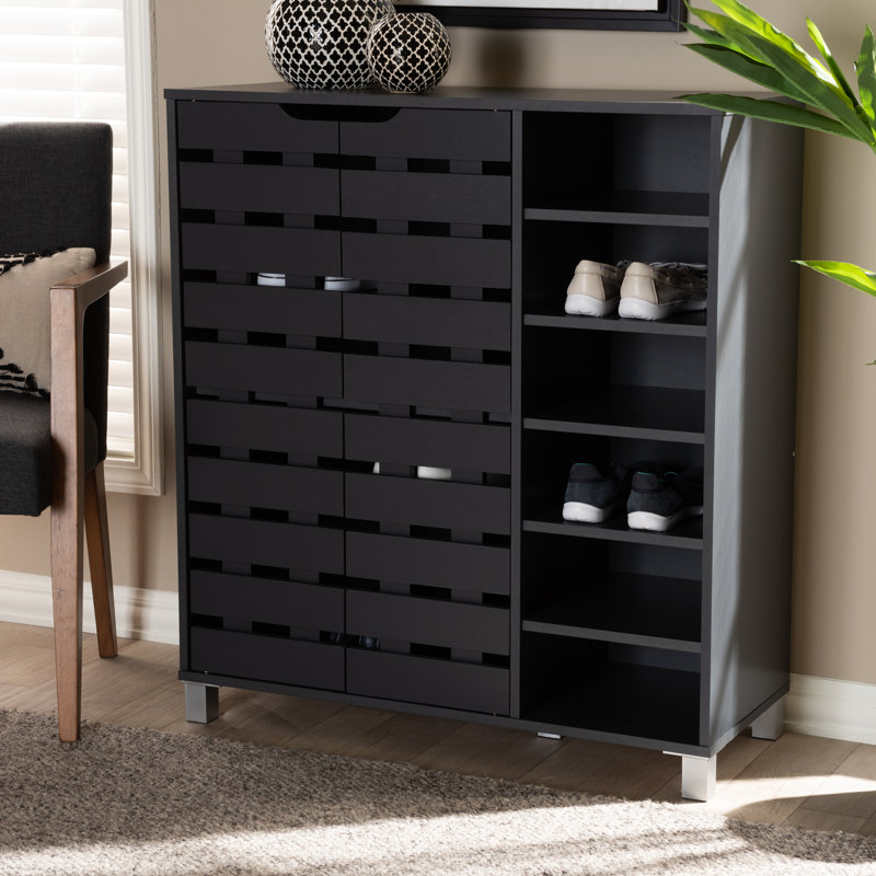 Modern and Contemporary  2 Door Wood 24 Pair Shoe Storage Cabinet with Open Shelves