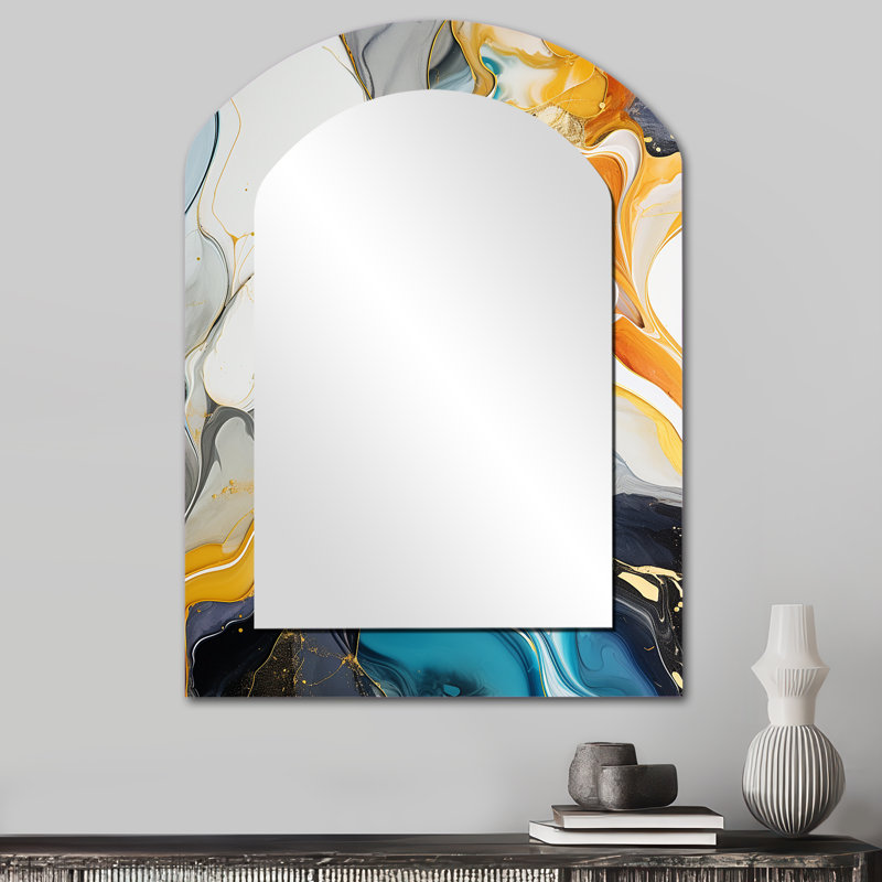 Bleu et jaune, encre liquide harmonie harmonie I - miroir unique de forme unique à encre liquide, grand miroir mural bleu, impression sur métal