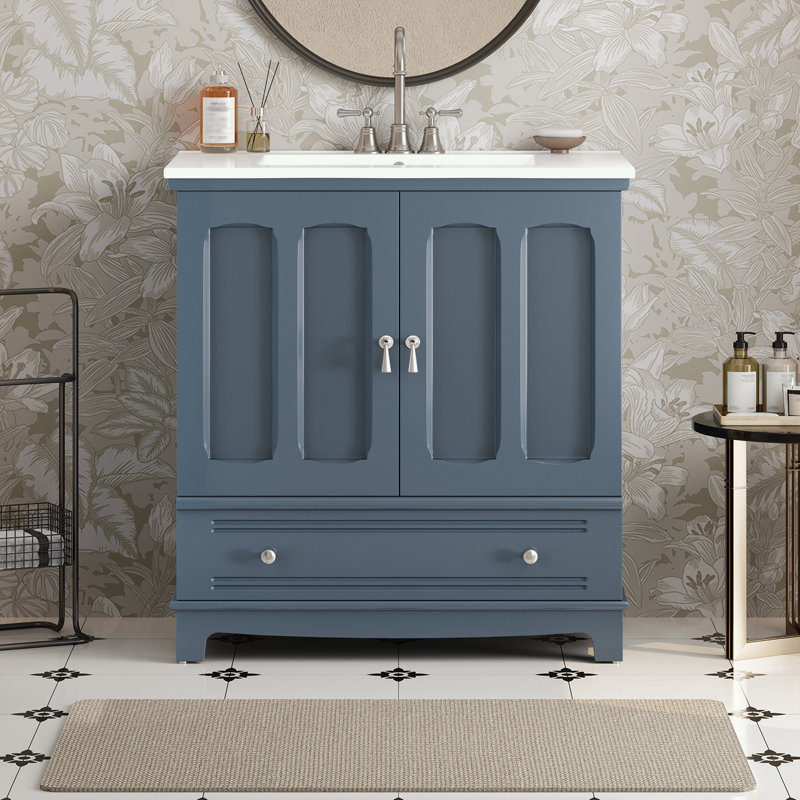 Meuble-lavabo de salle de bain avec lavabo en céramique, tablette réglable et tiroir, Bleu