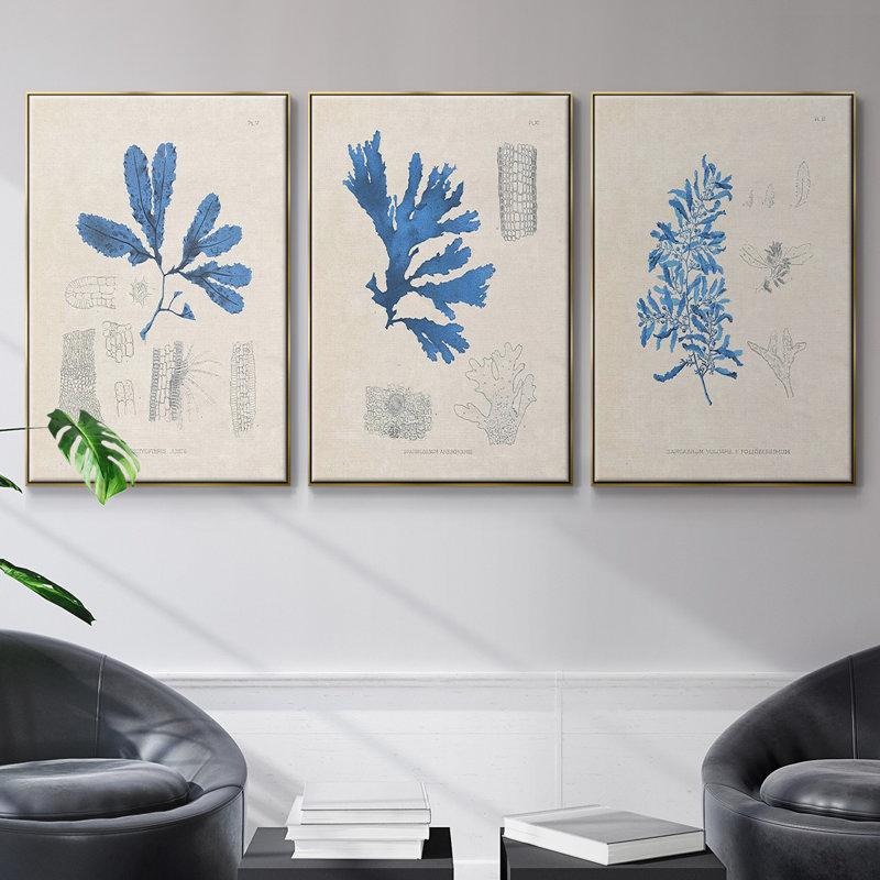 Algues bleu marine VI, Encadrement doré, H 27 po x l 54 po x P 2 po