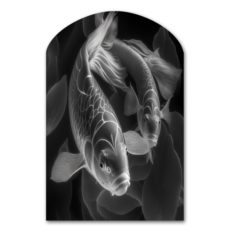 Monochrome Koi Fish - Animal Fish Arch Shape Assymterical Wall Art, 43" H x 33" W