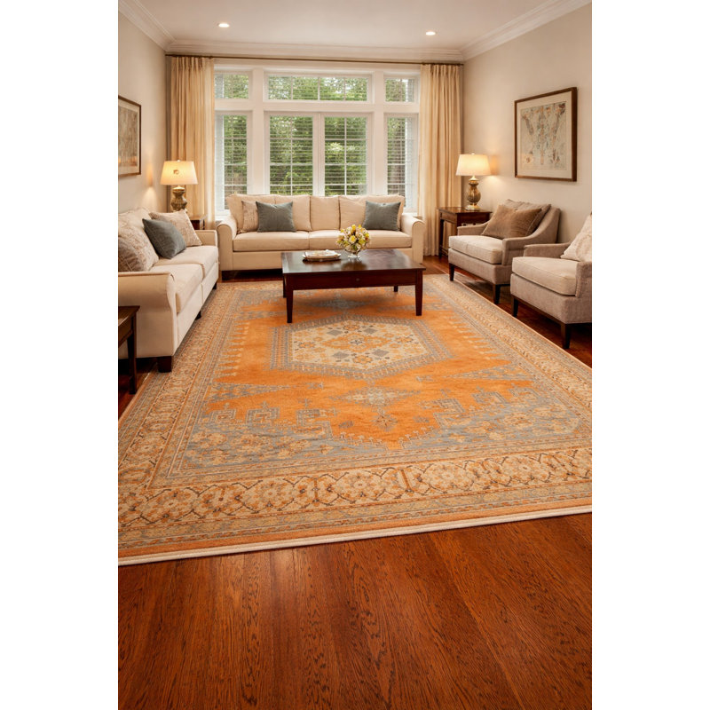 Tapis orange en laine noué à la main à motif géométrique