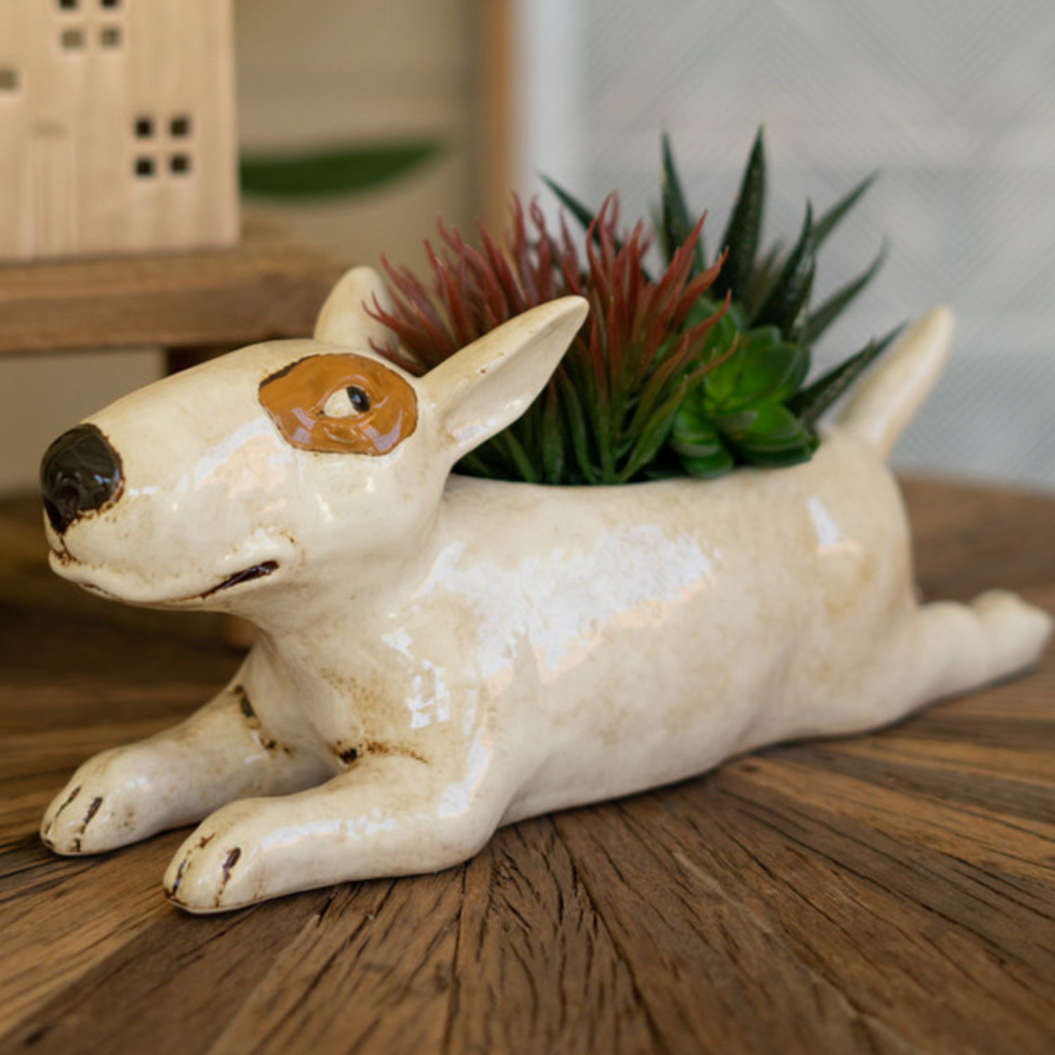 KALALOU Fioriera In Ceramica Bull Terrier - Vaso Smaltato Multi-colore Con Fori Di Scarico, Dimensioni 32.5x10x14 Cm, Oggetto D'Arredo Originale - 3