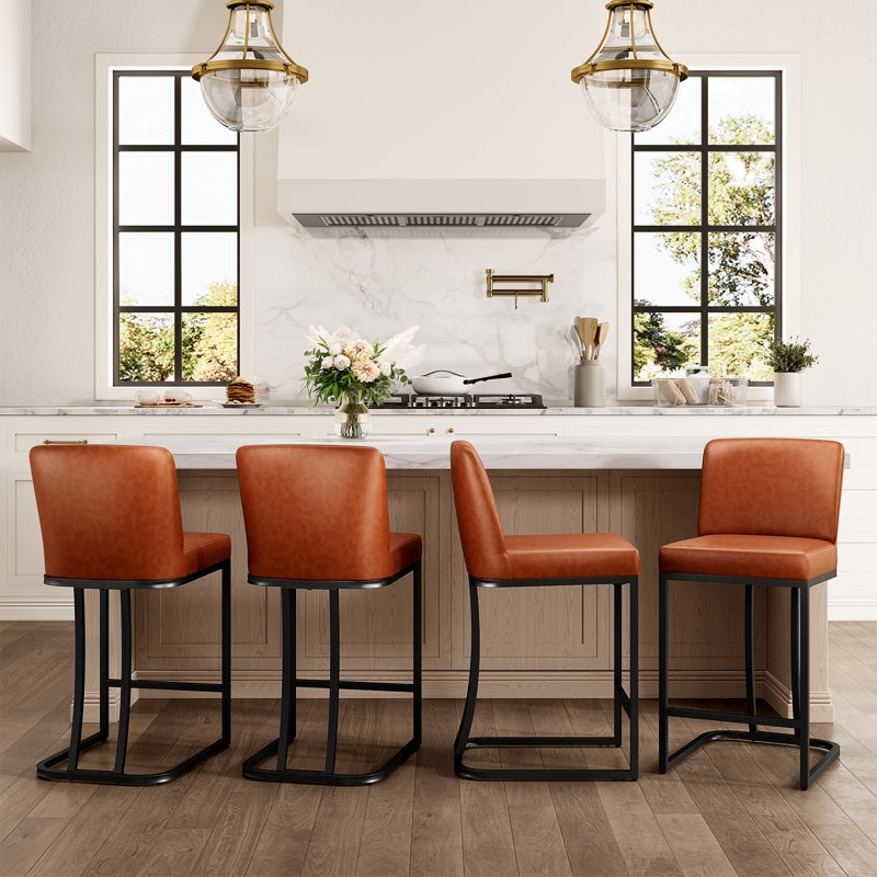 Kunkel 24" Modern Kitchen Counter Stool with Faux Leather Padded Seat and Metal Frame, Black, Brown