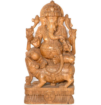 South Indian Temple Wood Ganesha on Mouse Statue, 35 in. Wall Art     Hand-Carved Sacred Hindu Figurine for Foyer & Meditation Room