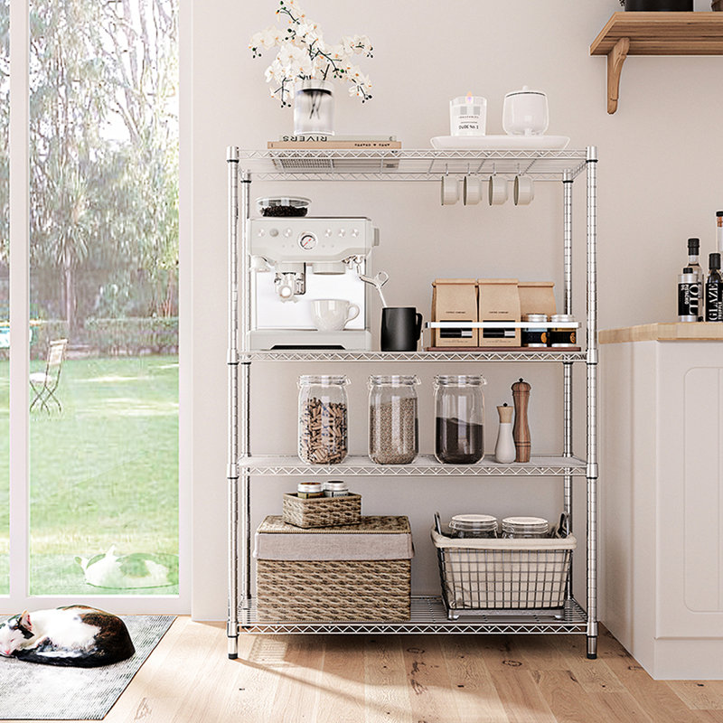 Étagère réglable en métal à 4 tablettes de 1400 lb pour le balcon et le bureau à domicile avec ajustement de 1 pouce, Chrome