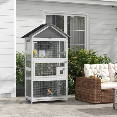 Wooden Bird Aviary, 67" Outdoor Bird Cage with Slide-Out Tray, Three Doors, Birdhouse, Ladder, Perches for Finches, Parakeets, Gray