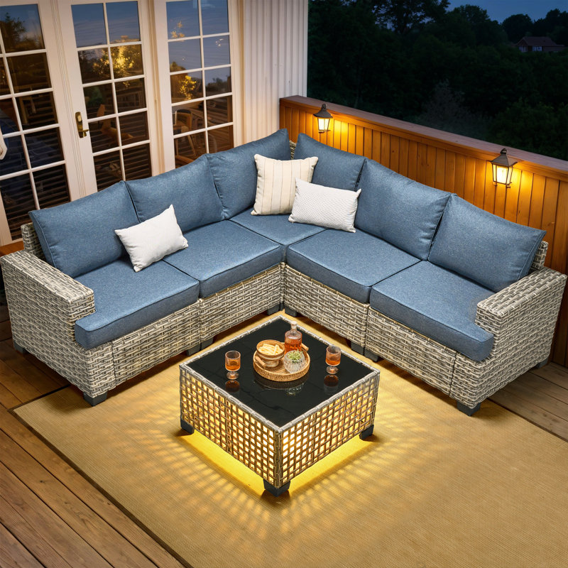 Wahkon Wicker/rattan 5 - Person Wicker Sectional Seating Group with Lighted Coffee Table, Modern Modular Outdoor Conversation Set with Cushions