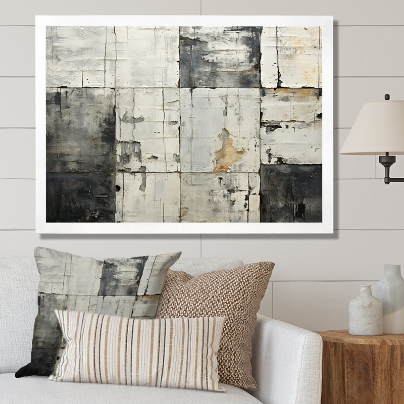 Carreau abstrait gris et gris II, H 16 po x l 32 po x P 1 po, Cadre de coin blanc fermé