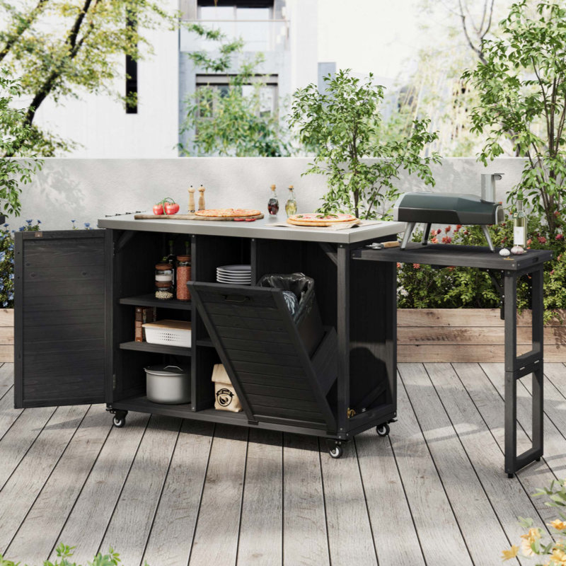 Ettie 78.3" Outdoor Kitchen Island with Foldable Table & Tilt-Out Trash, Black