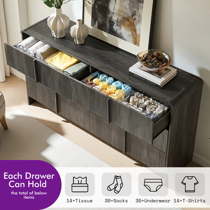 Modern 6 Drawer Dresser with Fluted Front and Curved Corners, 63" Wide Storage Chest with Pine Handles, Black