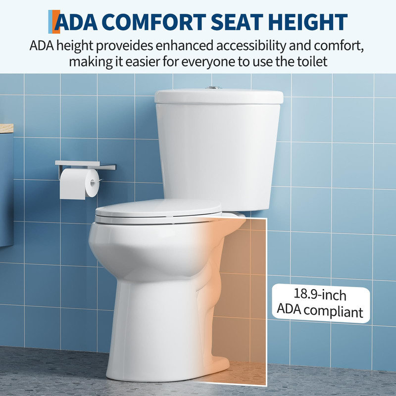 Two Piece Elongated Toilet, 19" ADA Comfort Height, Dual Flush, Soft-Close Seat, 12" Rough-In