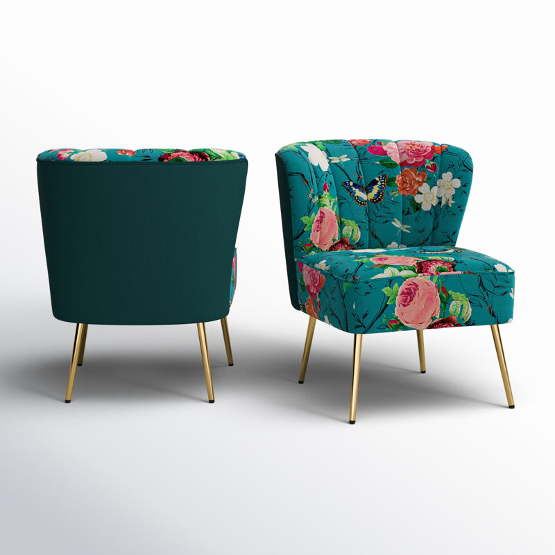 Mccowan Felicia Velvet Barrel Chair with Tufted Back, Blue Floral Velvet