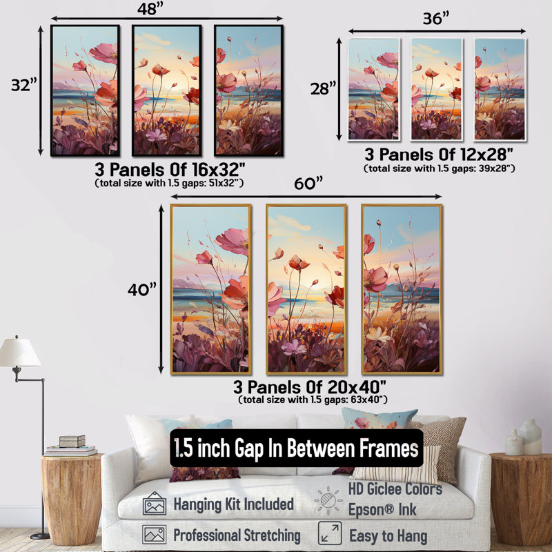 «Wildflowers Beach Sunset - Wildflowers», ensemble de reproduction d'art mural, Cadre flottant doré