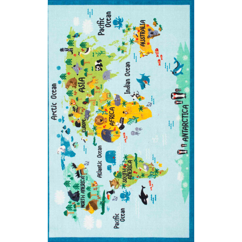 Tapis mappemonde animale bleu/vert pour enfants Rhea, Rectangle 3 pi 3 po x 5 pi