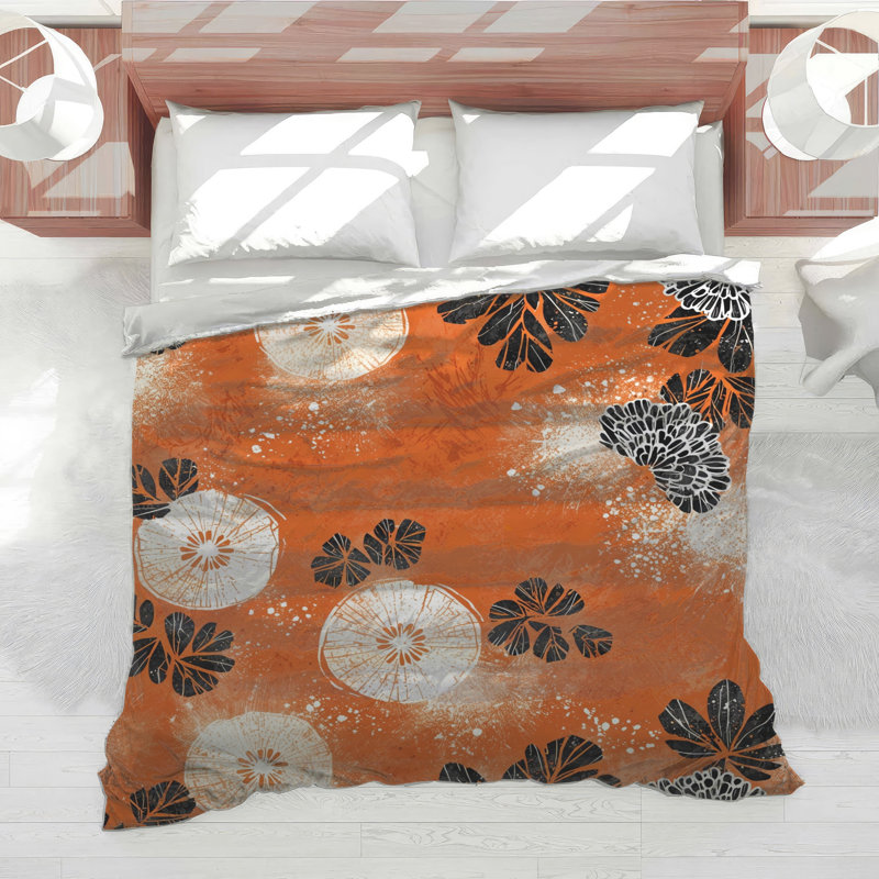 Édredon orange, floral noir, Très grand lit
