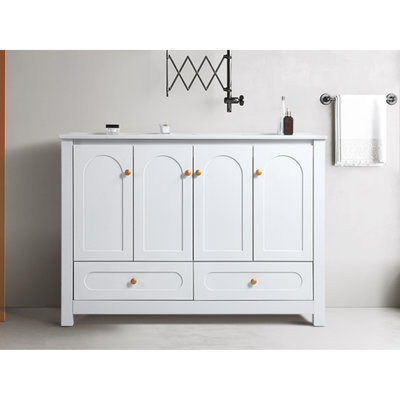 Évier de salle de bain 48 po en céramique blanche - Armoire de rangement abondante avec 4 portes à fermeture douce et 2 tiroirs en bois massif robuste pour un nettoyage facile