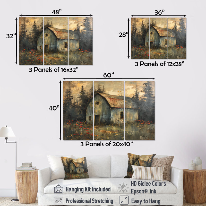 «Gray Red Winter Country Cottage Barn» 3 pièces, Toile tendue, H 40 po x l 60 po
