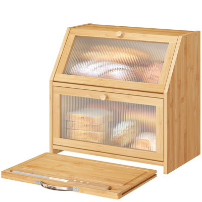 Extra Large Bread Box With Cutting Board Bamboo Wood Bread Box For Kitchen Counter, Double Layer Large Capacity Bread Storage Bin With Acrylic Wavy Door Panel (Natural)