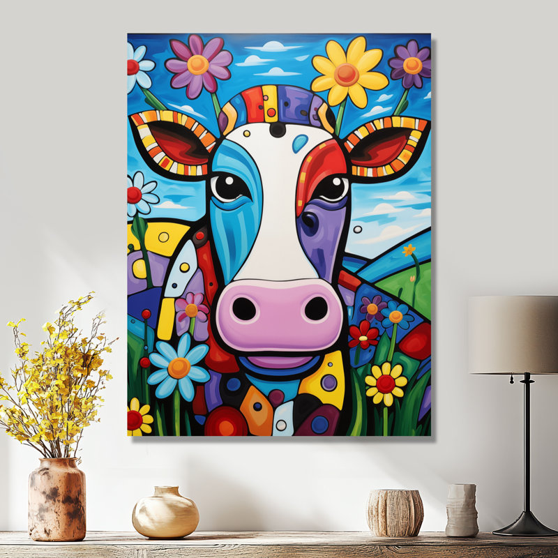 «Pink Green Abstract Cow Landscape III», reproduction d'art mural animal de vache, Toile tendue, H 44 po x l 34 po