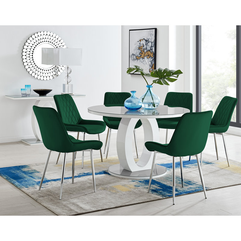 Scottsmoor Modern Halo Seat Round Dining Table Set - 6 Luxury Velvet Mid-Century Upholstered Chairs, Grey, Green/Silver
