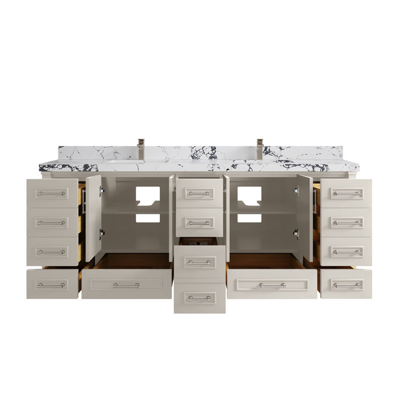 Aberdeen 84'' Double Bathroom Vanity with Quartz Top, Viola Night, Fine Grain