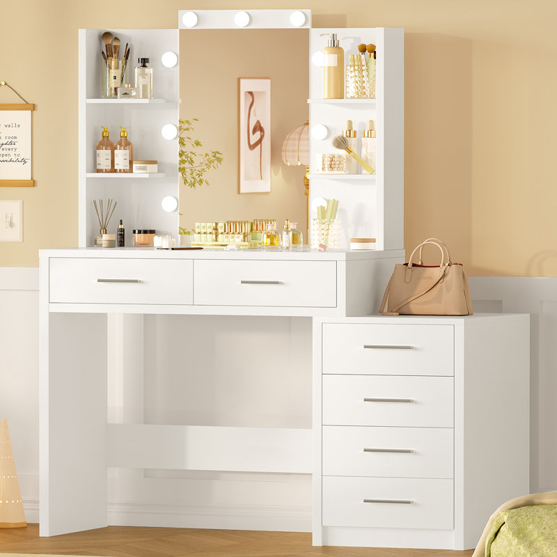 Vanity Desk with Mirror & Lights, Makeup Vanity Table with 6 Drawers & 4 Open Storage Shelves, for Women Girls