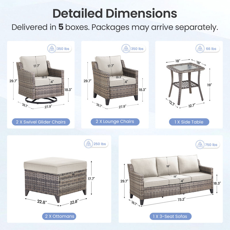Harperayne 8-Piece Patio Conversation Set With Cushions, Outdoor Wicker Sofa With Swivel Gliders, Armchairs, Ottomans And Side Table