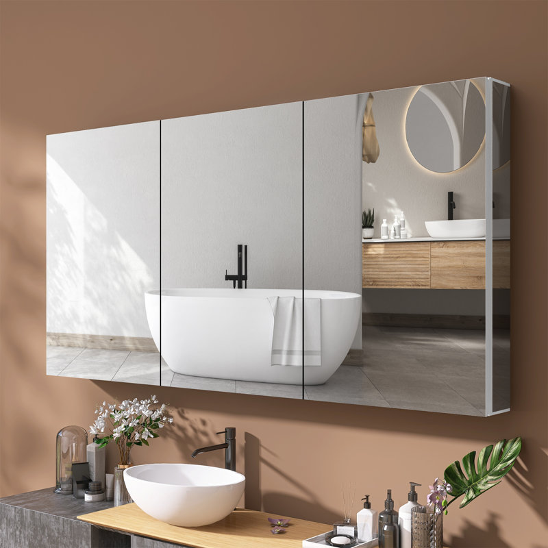 60" W × 30" H Recessed Or Surface Mount Frameless Aluminum White Medicine Cabinet With Bathroom Mirror And 3 Adjustable Glass Shelves
