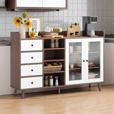 Buffet moderne en bois de ferme de 55 po avec portes en verre - tablettes réglables, crédence de rangement pour la salle à manger et le salon, café, brun