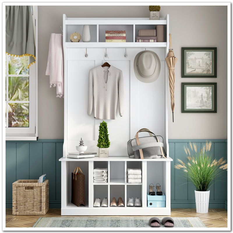 White Solid Wood Hall Tree with Storage and Hooks