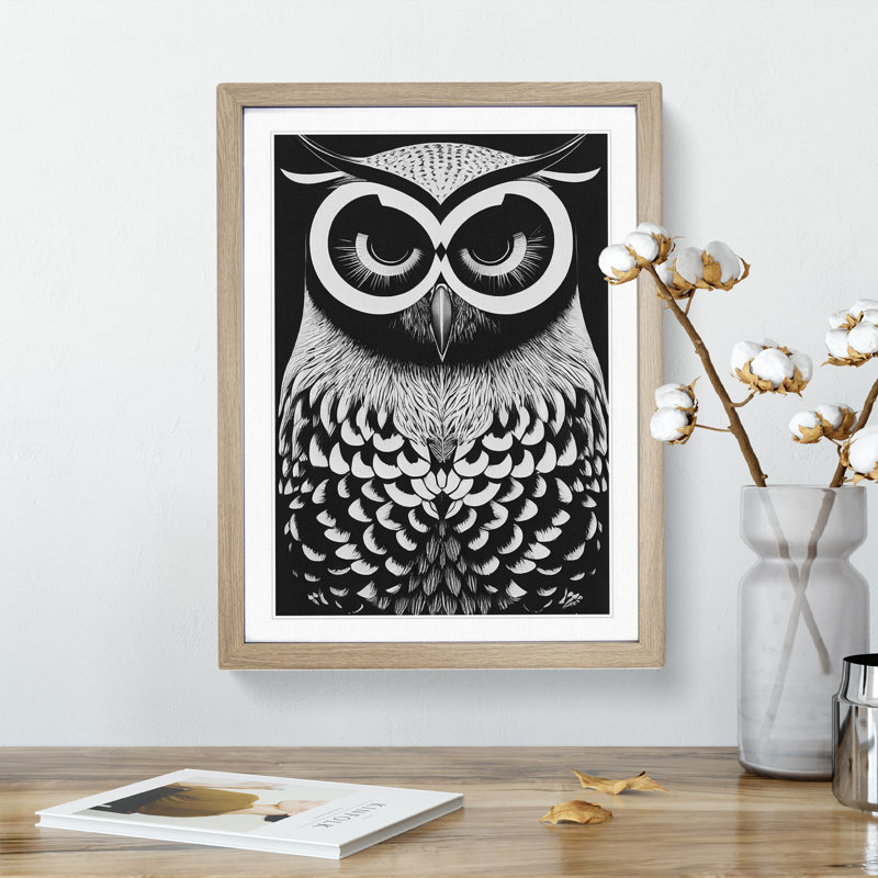 Owl in Monochrome - Framed Print, 34cm H x 25cm W x 2cm D, Oak