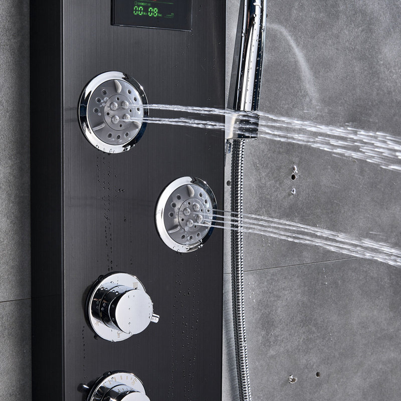 Tour de douche à DEL avec panneau de douche en acier inoxydable avec affichage de la température, système de tour de panneau de douche à 5 fonctions avec douche à jets de pluie et jets de corps, Nickel brossé