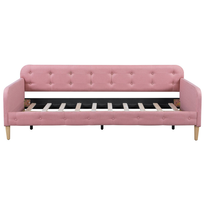 Twin Size Upholstered Daybed with Linen Fabric, Solid Wood Frame & 4 Support Legs, Rubine, Pink