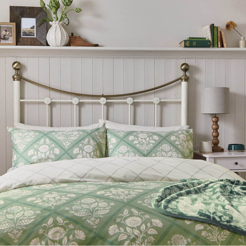 Folk Trellis Cotton Duvet Cover Set, Double Duvet Cover Set + 2 Pillowcases, Green