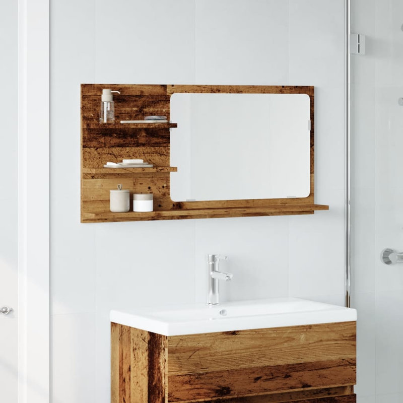 Adji Flat Mirror with Shelves, Old Wood, 45cm x 90cm