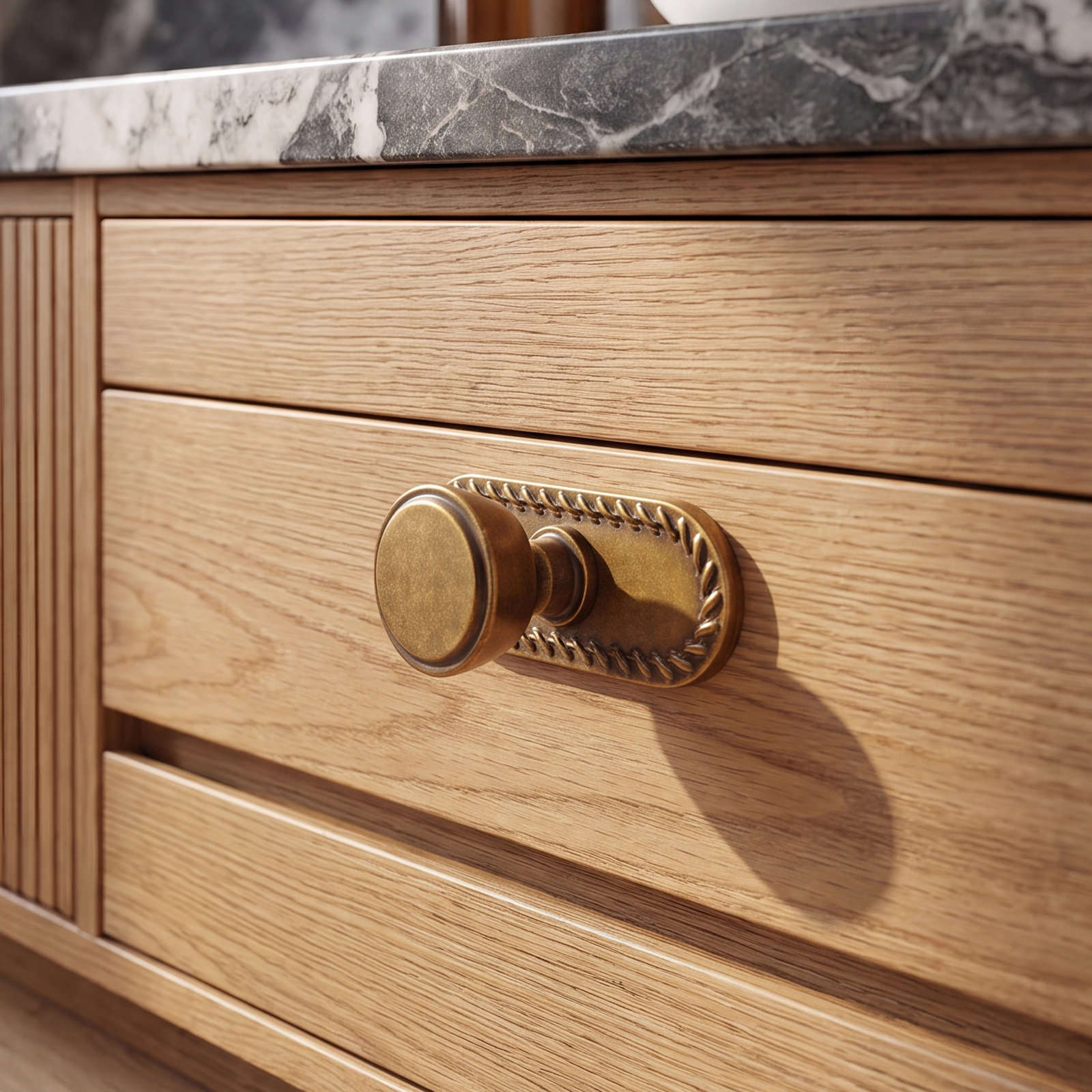 Mushroom Cabinet Knob with Backplate, Antique Brass