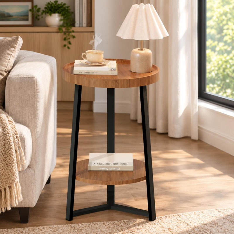 Table de bout ronde à 2 niveaux avec tablette de rangement ouverte