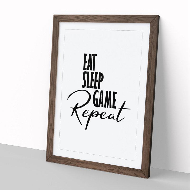 Eat Sleep Game Repeat - Picture Frame Typography, 36cm H x 27cm W x 2cm D, Walnut