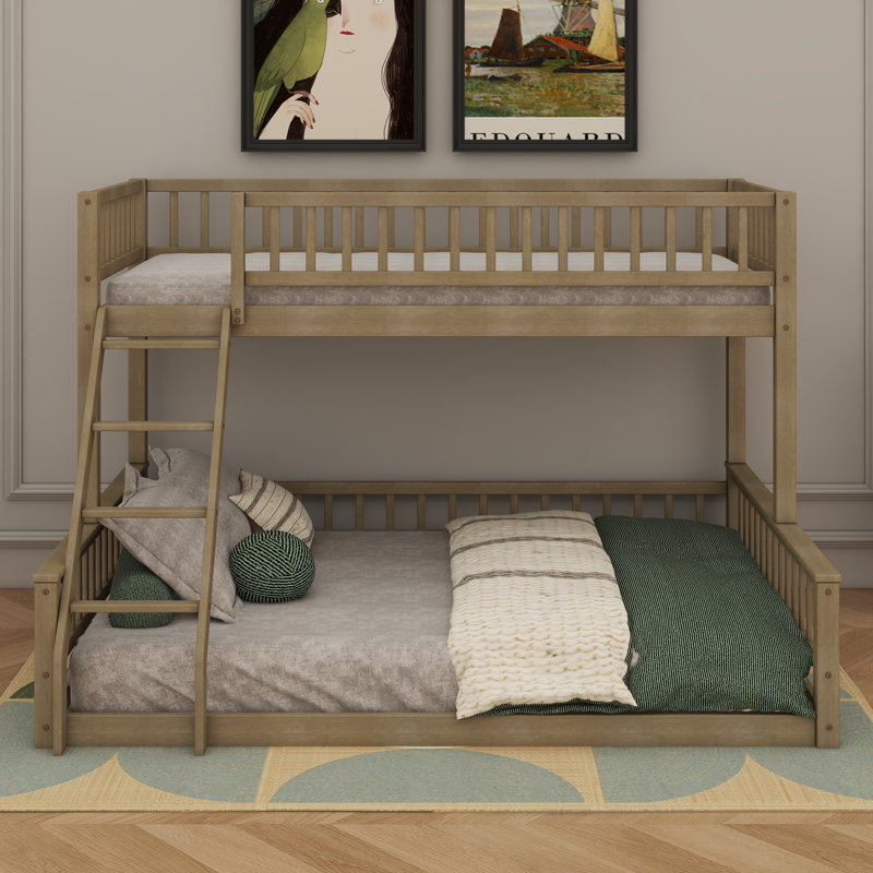 Twin XL Over Queen Floor Bunk Bed With Ladder And Guardrails, Bedroom Wood Bunk Bed Frame, Space Saving & Noise Free, No Box Spring Needed