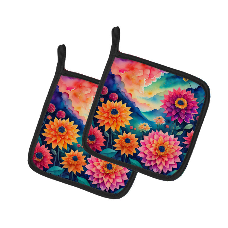 Colourful Dahlias Pair of Pot Holders